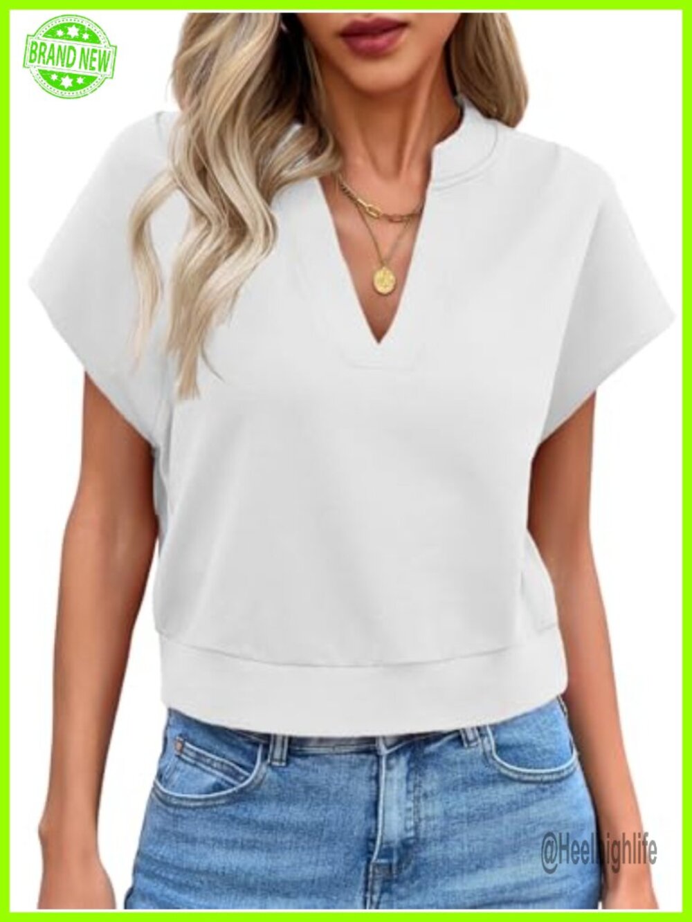 Womens Cropped Top V-Neck Cap Sleeve Summer T-Shirt Loose Fit